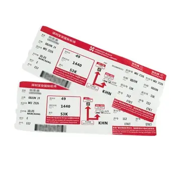 Custom Airline Air Flightticket Booking Blank Boarding Pass Paper Thermal Flight Tickets